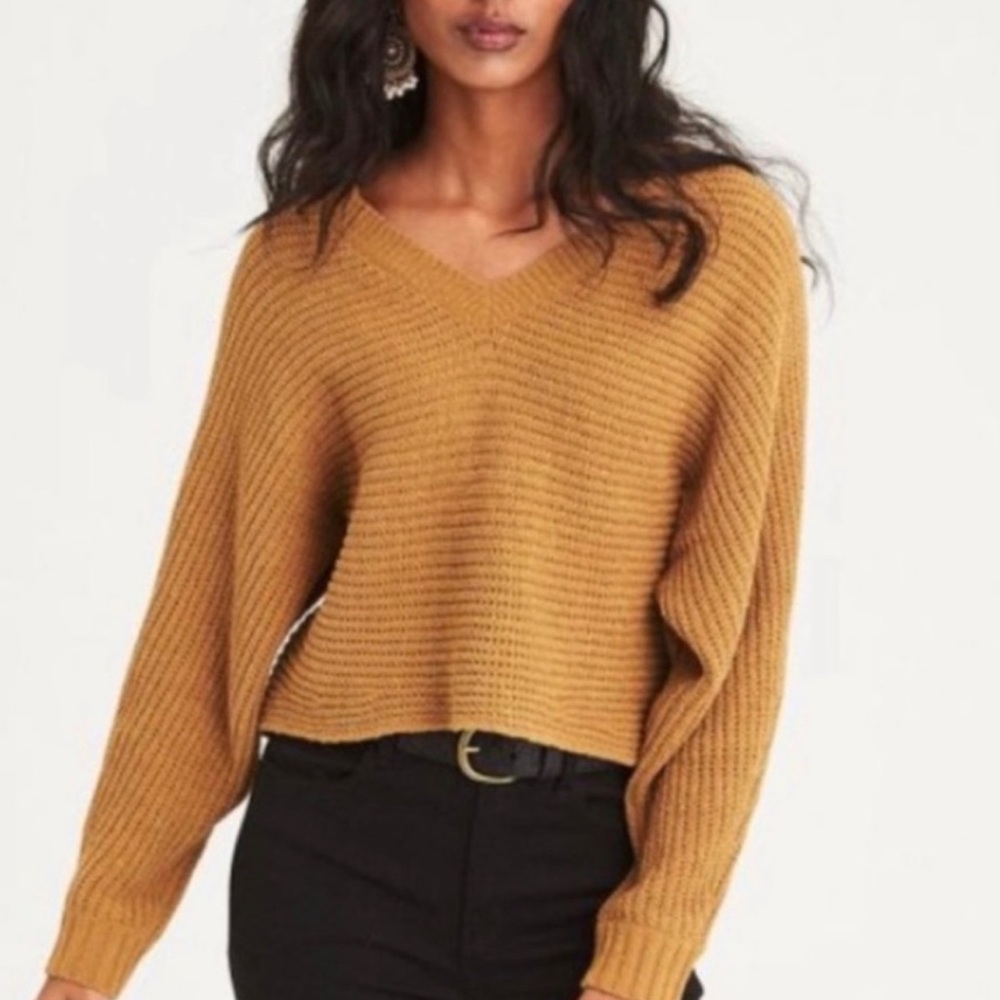 American Eagle Mustard Yellow V-neck Cropped Knit Sweater